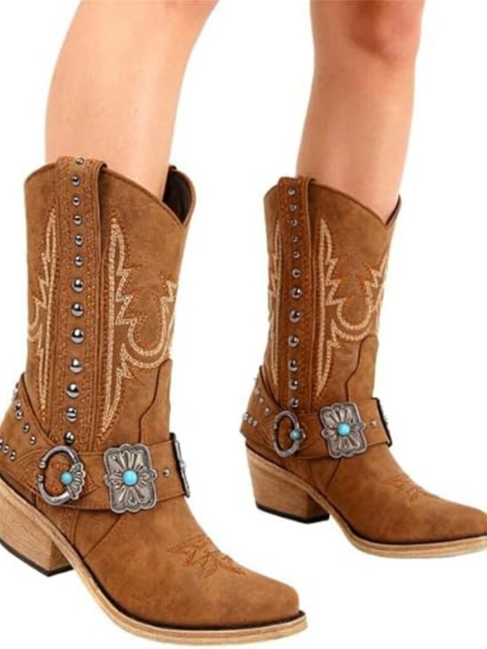 Women's Brown Ankle High Block Heel Pointed Toe Cowboy Rodeo Concert Boot - Picture 6 of 6
